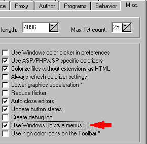 Screenshot of Misc. tab on Preferences dialog